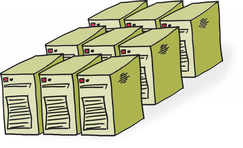 Grafika przedstawia typową serwerownię - kilka komputerów serwerowych